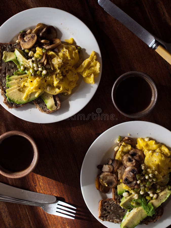 Rustic Healthy Whole Foods Egg, Avo and Mushroom Breakfast Stock Image