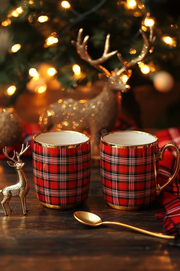 On a rustic holiday background, a small toy deer holds mugs royalty free stock photos