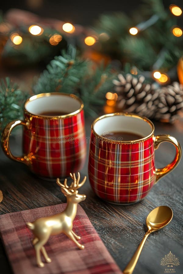 Rustic holiday background with toy deer holding mugs stock photography