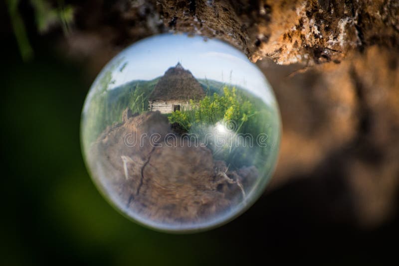 Rustico vecchia casa nella sfera di cristallo con erba verde e ramo di albero.