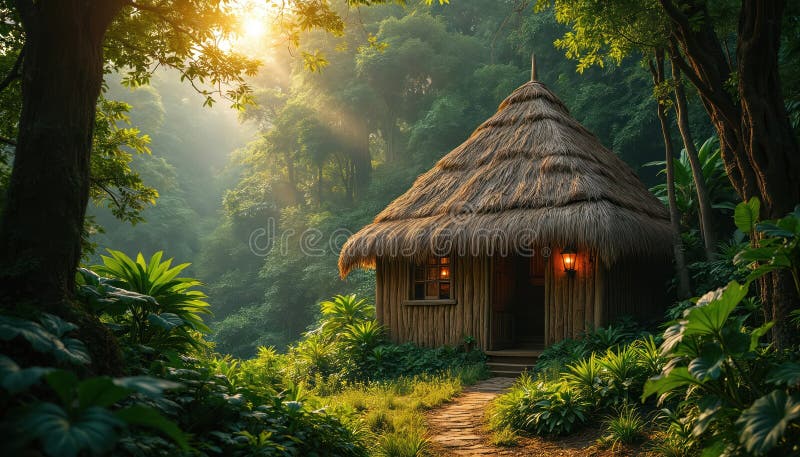Rustic hut nestled deep lush jungle. Sun rays break through tree canopy. Wooden cabin has warm lights, path leads into the stock illustration