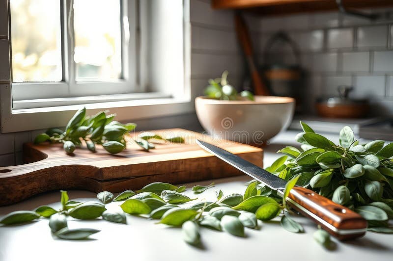 Rustic Kitchen with Fresh Sage. En sköljt, rustik köksdiskar har färska sätesblad som är spridda runt en trästyckningsbräda i en keramisk skål och en vintagekniv som tappas i mjukt naturligt ljus från ett närliggande fönster.