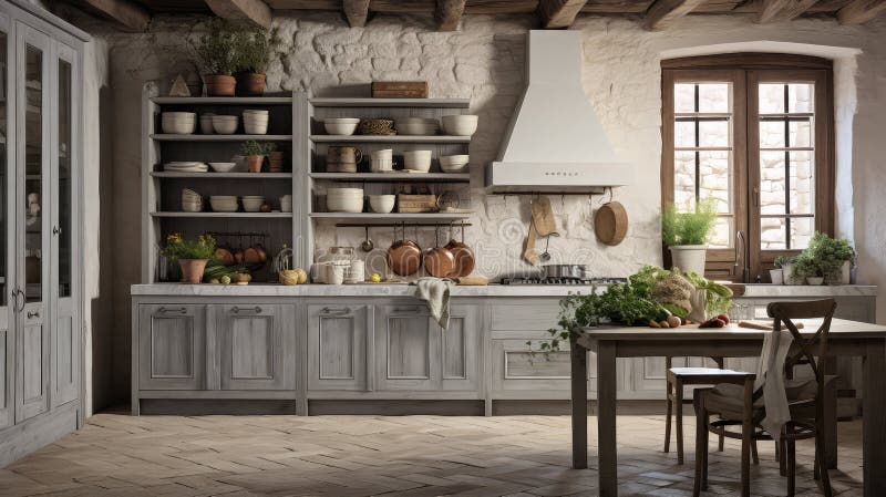 Rustic kitchen grey cabinets royalty free illustration