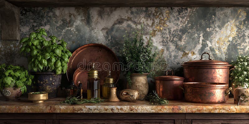 Rustic Kitchen Scene Copper Cookware Herbs Background vector illustration