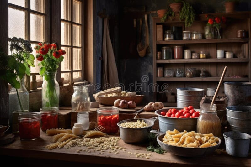 Rustic Kitchen Setting with Pasta-making Ingredients Stock Illustration