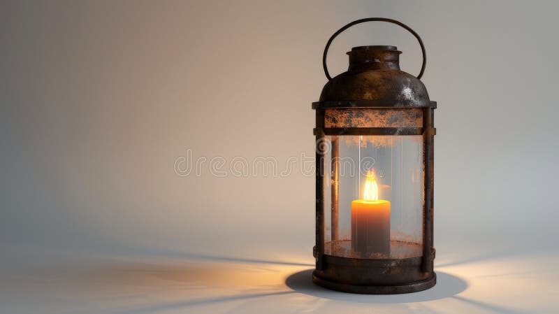 Rustic lantern with burning candle on neutral background, warm and cozy ambiance concept stock photography