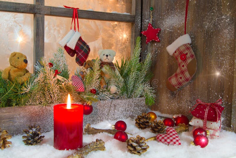 Rustic lantern with candlelights for christmas - classic in red