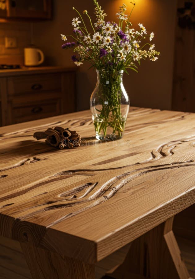 Rustic Light Brown Wooden Table med Wildblommor i Vase stock illustrationer