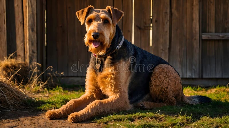 Rustic Majesty : Airedale Terrier Stands Proud av Barn som Sun Sets stock illustrationer