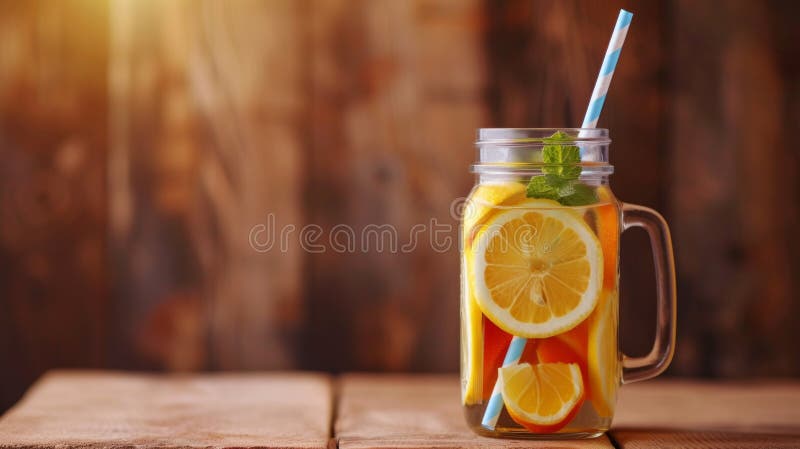 A rustic mason jar filled with lemonade, adorned with a colorful paper straw stock images