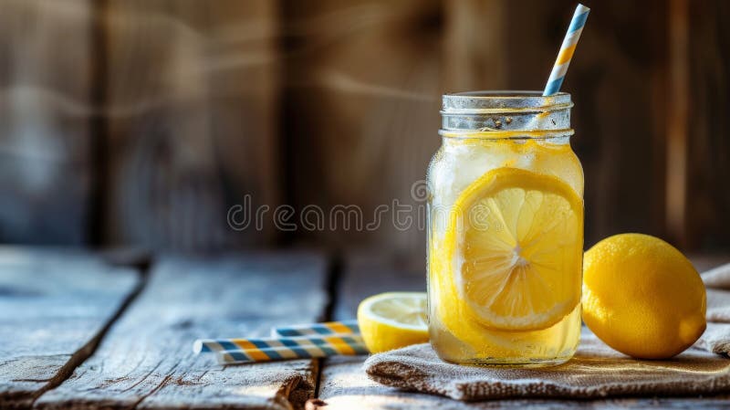 A rustic mason jar filled with lemonade, adorned with a colorful paper straw royalty free stock images