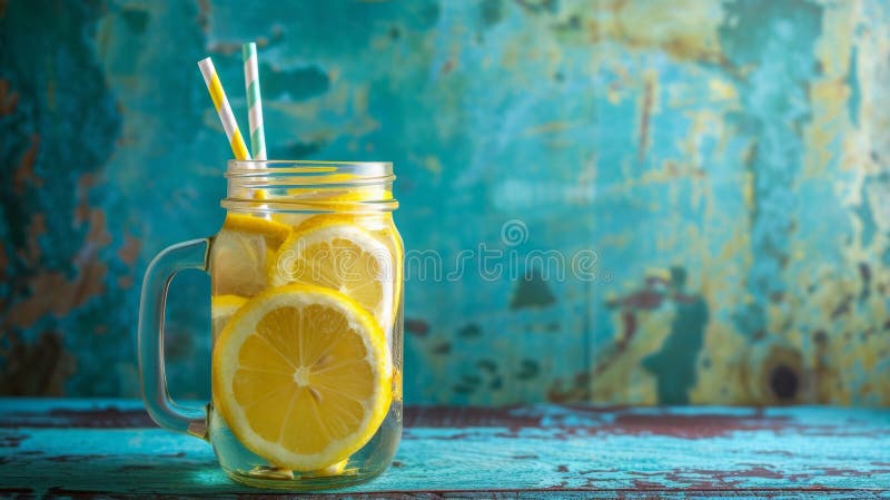 A rustic mason jar filled with lemonade, adorned with a colorful paper straw stock image