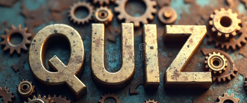 Rustic metallic QUIZ letters surrounded by gears royalty free stock photo