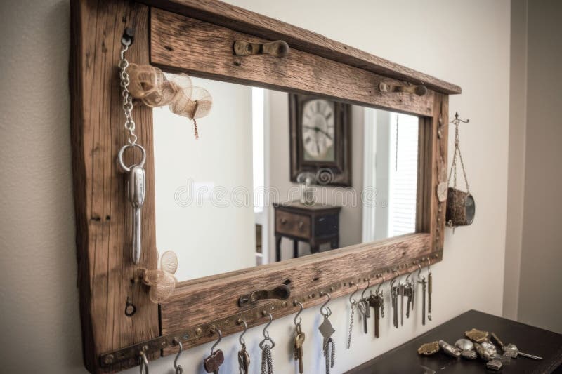 A Rustic Mirror with Old Keys and Tacks for Hanging Stock Image Image