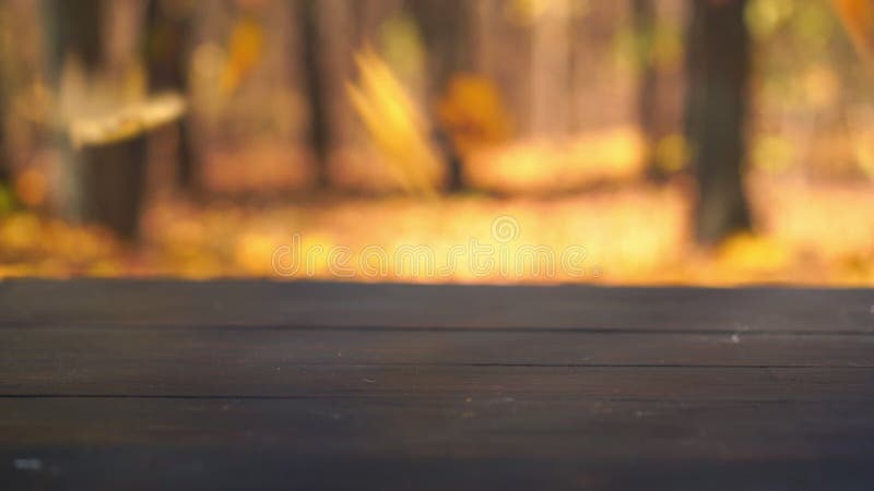 Rustic old wooden table outdoors with autumn leaves falling in the background stock footage