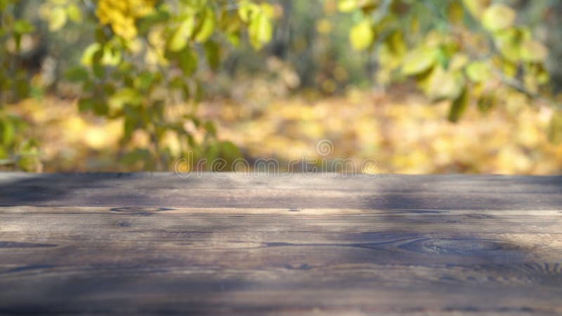 Rustic old wooden table outdoors with autumn leaves falling in the background stock video