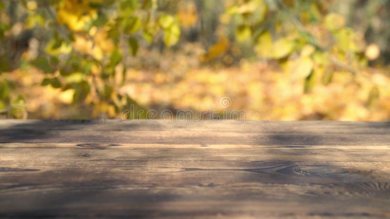 Rustic old wooden table outdoors with autumn leaves falling in the background stock video footage