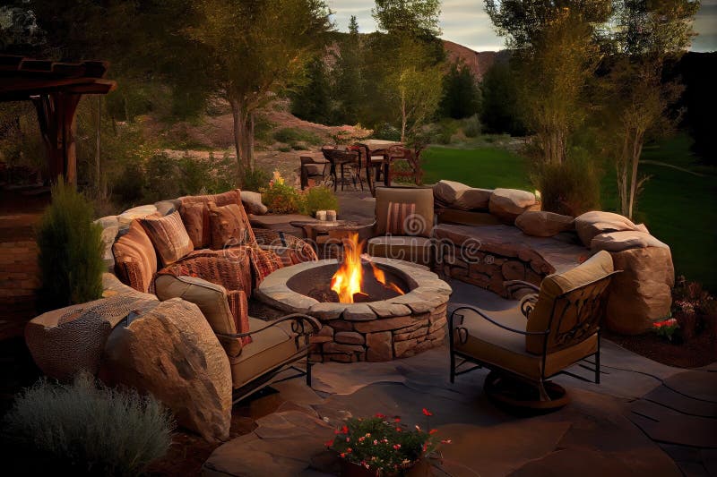 Rustic Patio with Stone Fire Pit and Plush Seating Area Stock Photo