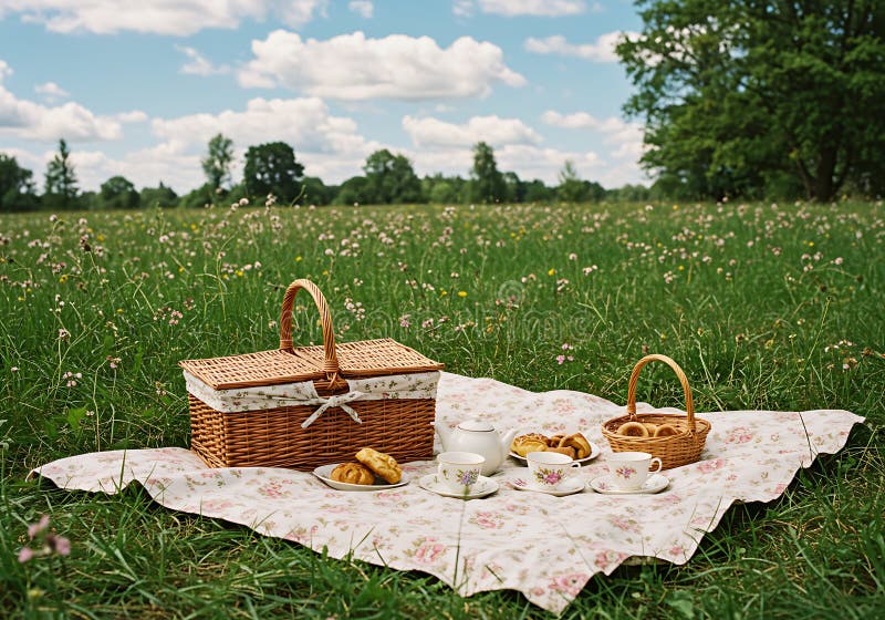 Rustic Picnic i en Meadow royaltyfri illustrationer
