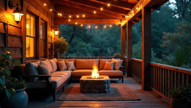 Rustic porch design with cozy sectional sofa and fire pit for evening relaxation. Generative AI royalty free illustration