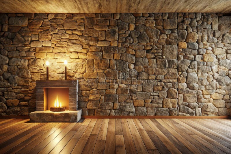 Rustic room interior design featuring a stone fireplace with candlelight and warm wooden floor generative ai concept driven stock illustratie