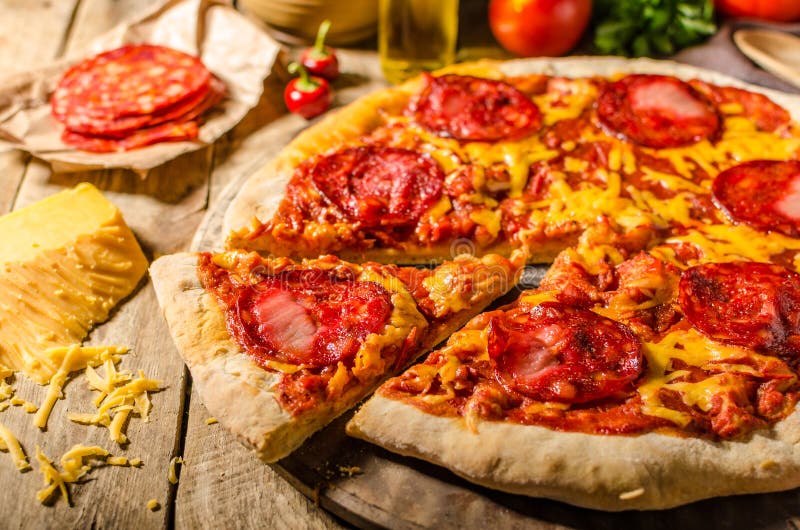 Rustic Salami Pizza with Cheddar Cheese and Chorizo Stock Image Image