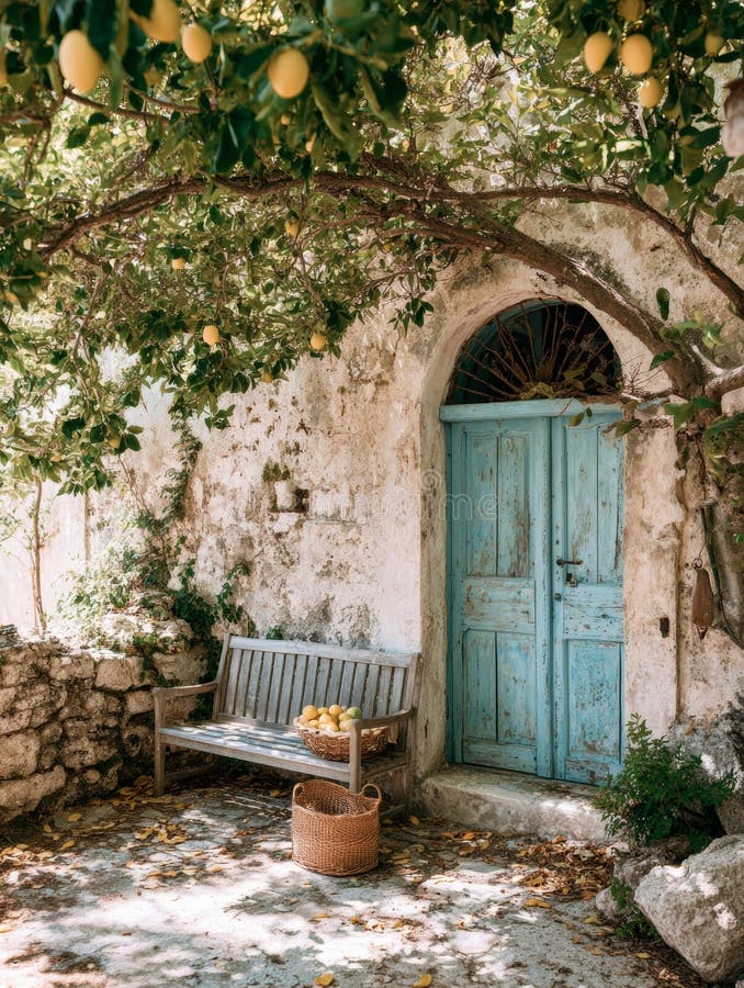 Old Italian house with a lemon tree growing beside the rustic door - stock illustration.