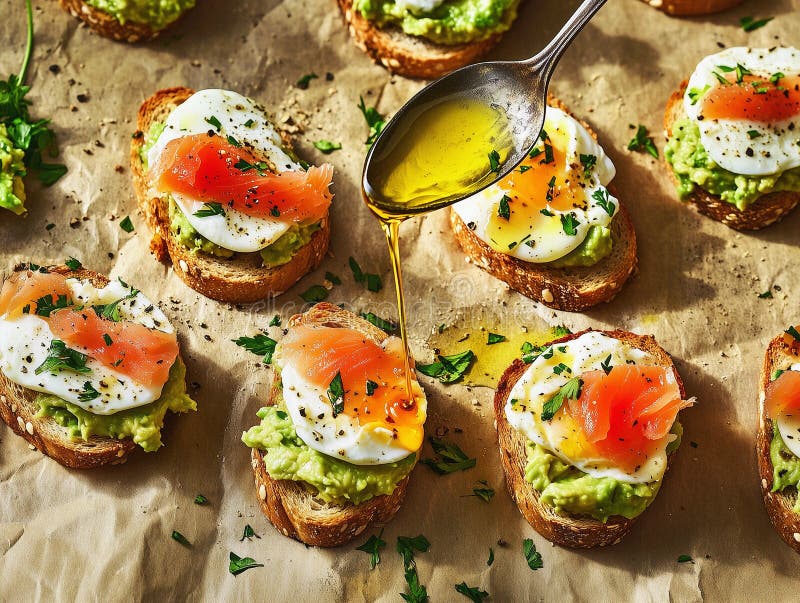 A rustic spread of mini toasts layered with mashed avocado, soft-boiled eggs, smoked salmon, and a drizzle of olive oil royalty free illustration