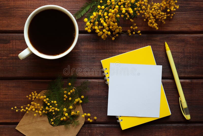Rustic spring background with mimosa flowers. Cup of coffee, mimosa flowers, yellow notepad and empty paper blank on