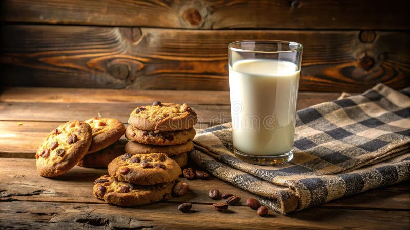 A rustic still life featuring a glass of milk and a stack of delicious chocolate chip cookies on a weathered wooden table. vector illustration