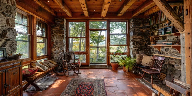 Enjoy the rustic charm of a stone cottage with a cozy interior and panoramic lake view AIG59 stock photos