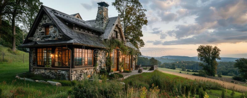 Enjoy the rustic charm of a stone cottage with a cozy interior and panoramic lake view AIG59 stock photos