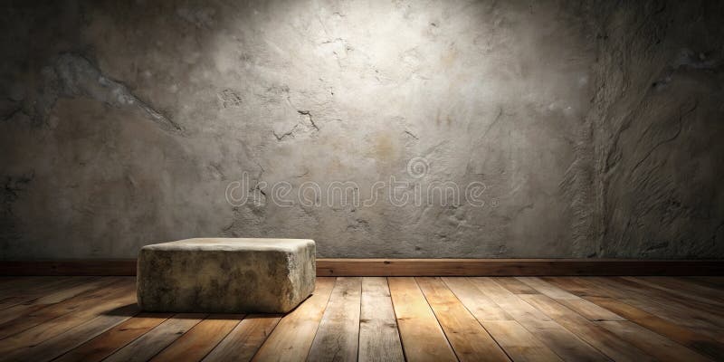 Rustic stone pedestal against a textured wall and wood floor backdrop ideal for product display. Generative AI vector illustration