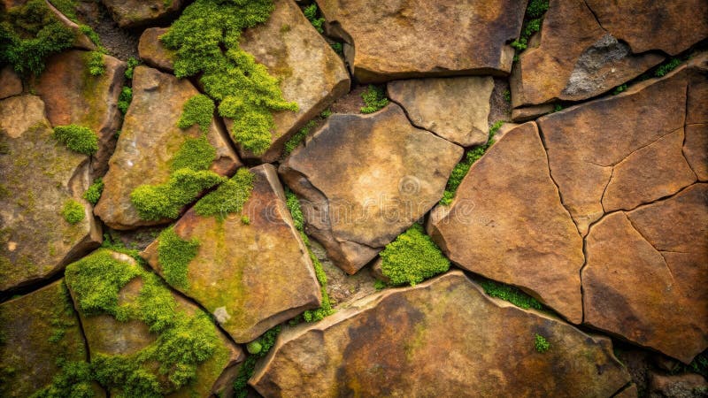 Rustic stone wall texture with vibrant green moss growing in the crevices. Generative AI royalty free illustration