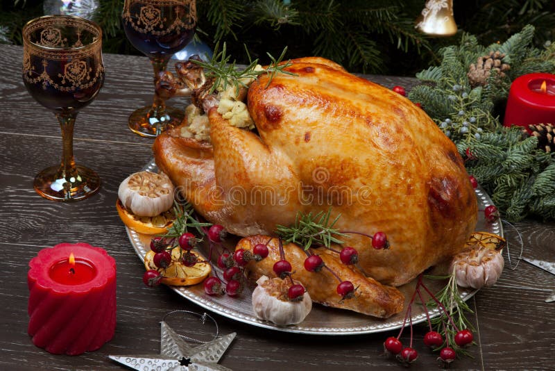 Christmas Turkey on Holiday Table and Flute of Champagne Stock Photo ...