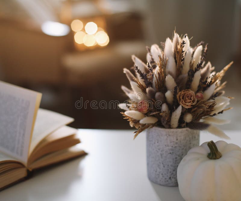 Autumn still life. Rustic style home decor. Still life details of living room. Autumn weekend concept. Fall home decoration. Break, florist.