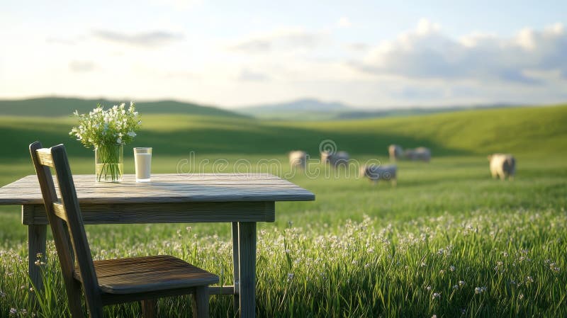 Rustic table glass milk wildflower vase green meadow stock illustration