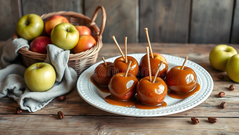 A rustic table with a platter of caramel apples and a basket of fresh apples vector illustration
