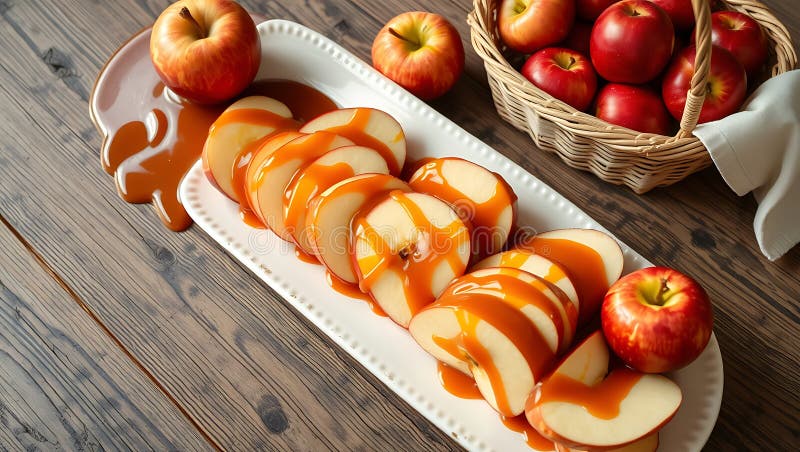 A rustic table with a platter of caramel apples and a basket of fresh apples royalty free illustration