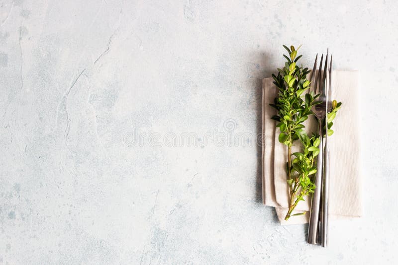Rustic table setting with boxwood with copy space. Holidays decoration on Provence style. stock photos Rustic table setting with boxwood with copy space. Holidays decoration on Provence style. stock photos