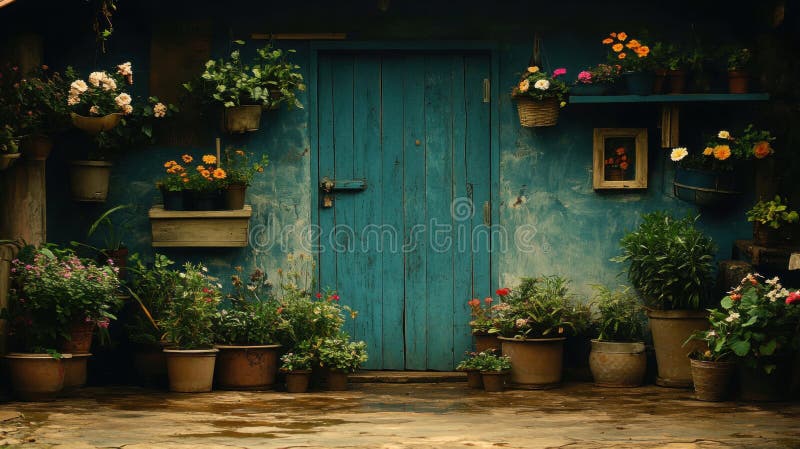 Rustic Teal Door Adorat cu Flori Înfloritoare și Lush Greenery royalty free stock image