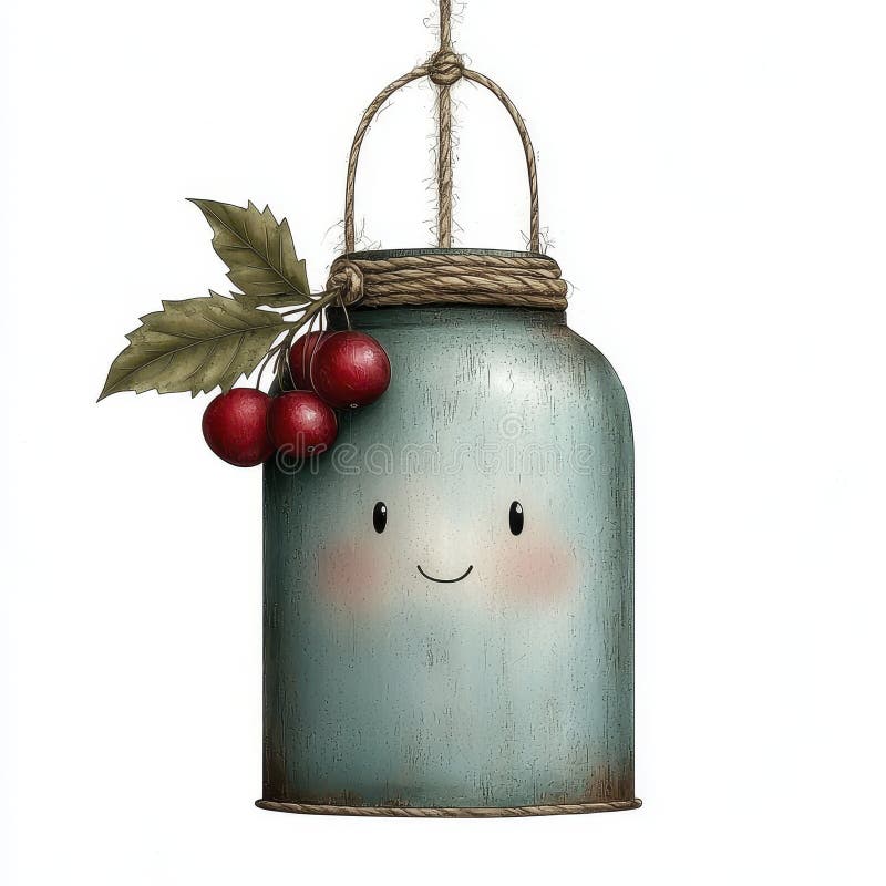 Rustic Teal Mason Jar Lantern cu ilustrație de fructe de padure stock photos