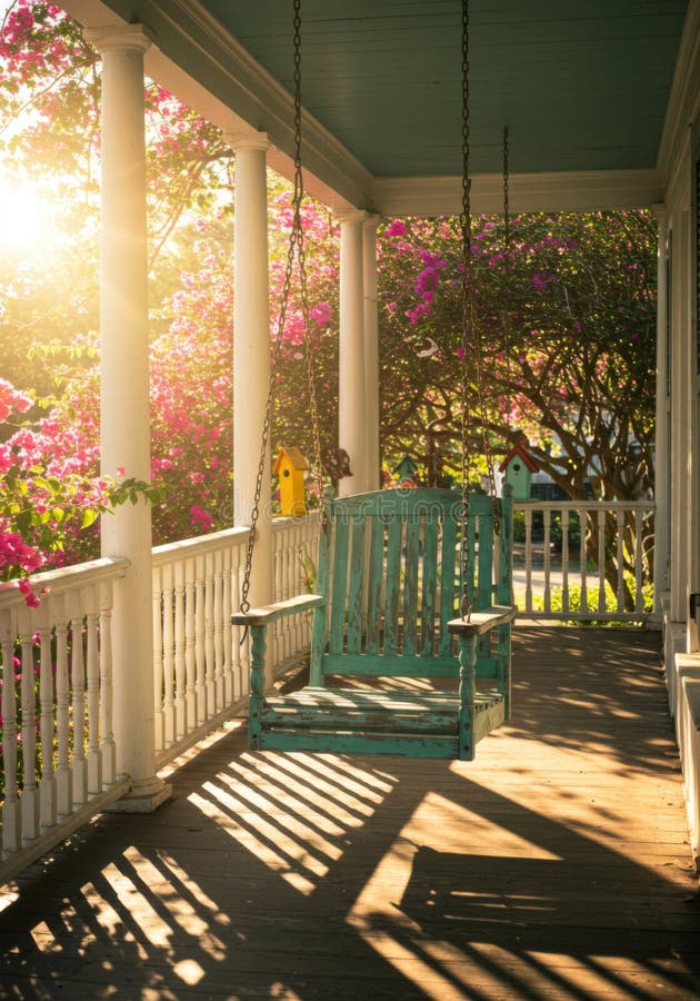 Rustic Teal Porch Swing în Grădina Însorită stock image