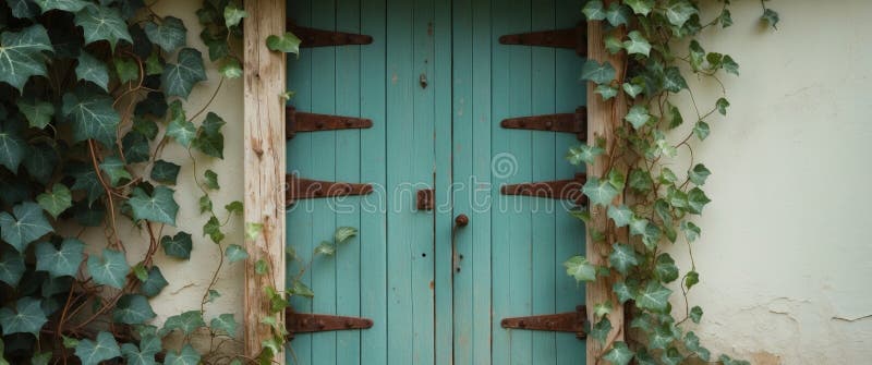 Rustic Teal Wood Door cu balamale ruginite și Ivy. royalty free stock photo
