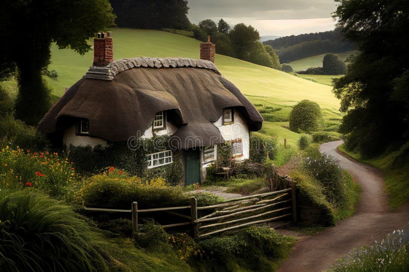 Rustic thatched cottage surrounded by lush greenery on rolling hills royalty free illustration