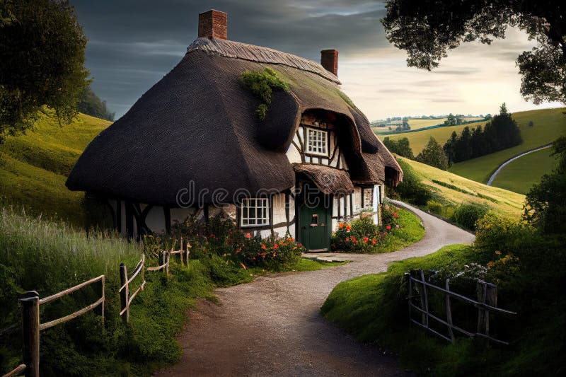 Rustic thatched cottage surrounded by lush greenery on rolling hills vector illustration