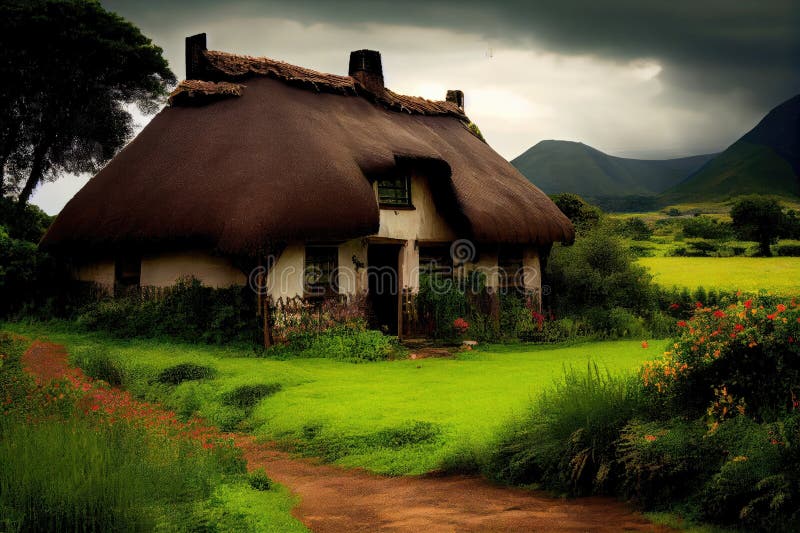 Rustic thatched house with lush green fields in the background vector illustration