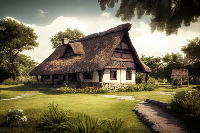 Rustic thatched house with lush green fields in the background stock illustration