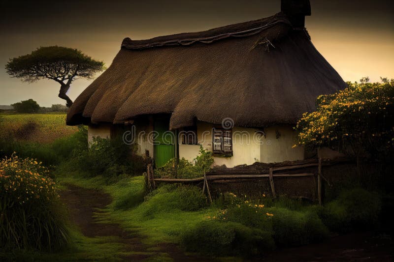 Rustic thatched house with lush green fields in the background vector illustration