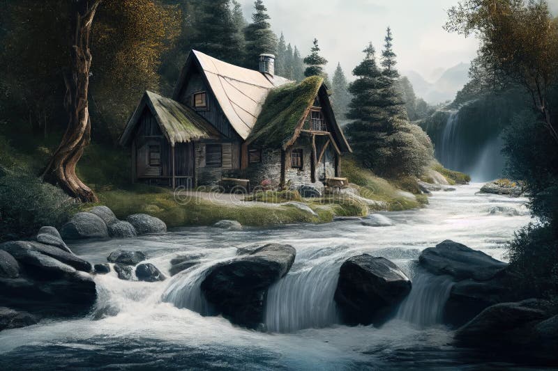 Rustic thatched house surrounded by forest, with rushing river in the background stock illustration